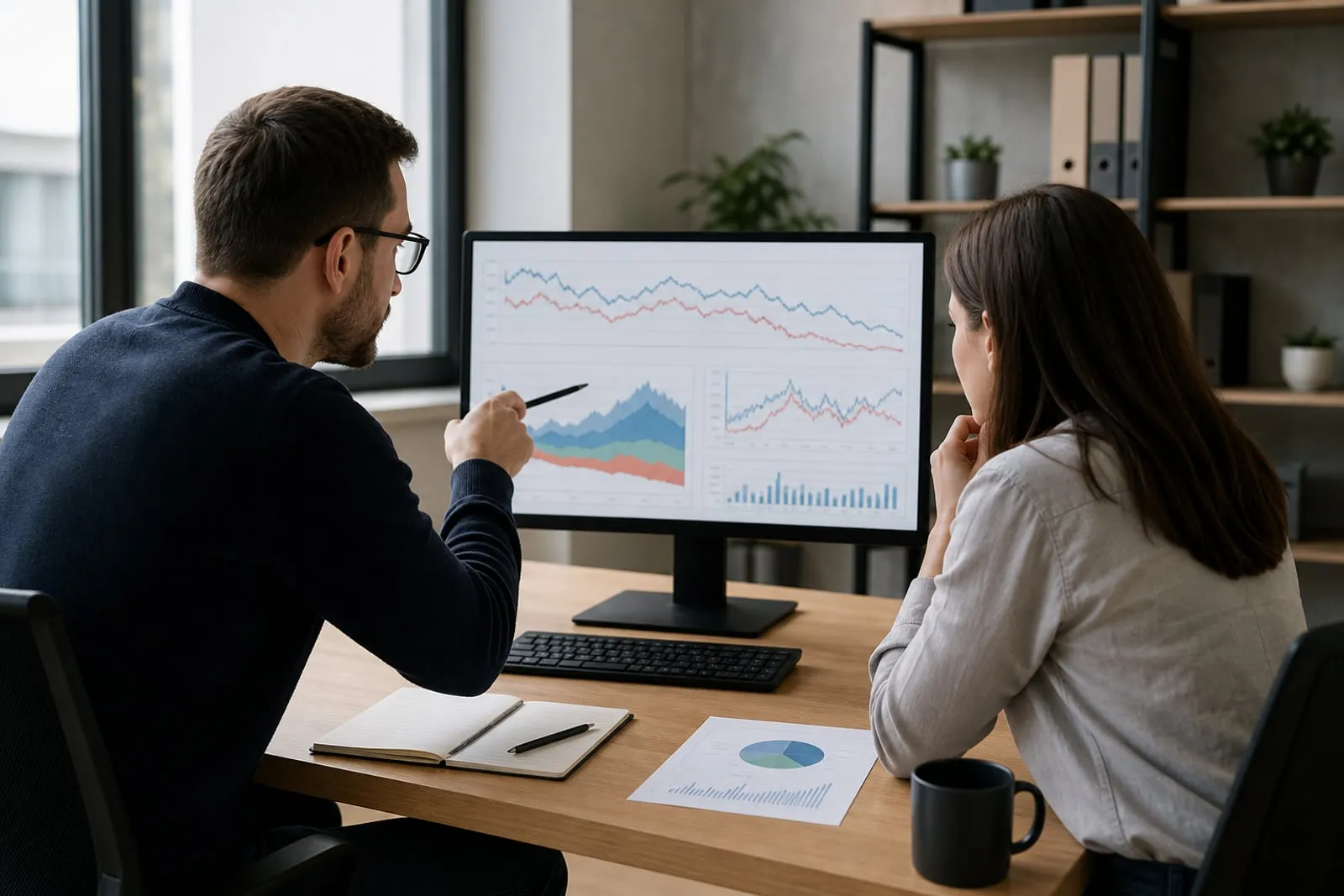 Responsable de site et spécialiste SEO analysant calmement une baisse sur plusieurs courbes
