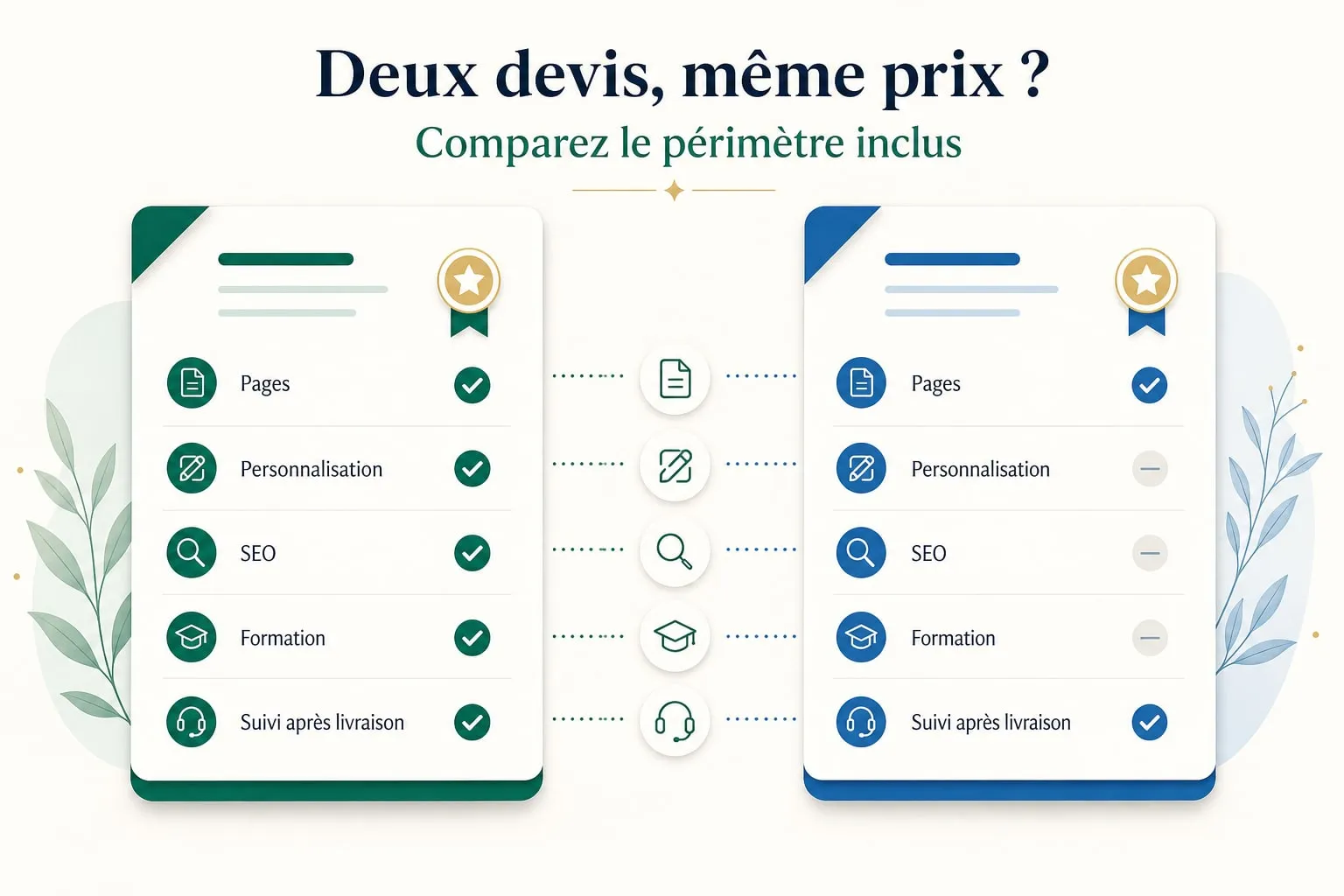 Comparaison de deux devis selon les pages, la personnalisation, le SEO, la formation et le suivi après livraison