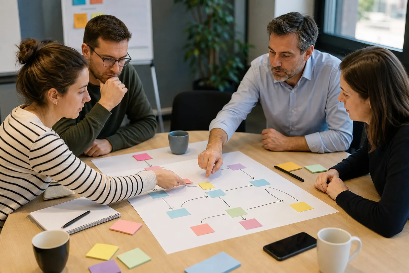 Équipe de PME cartographiant sur tableau papier les étapes répétitives d’un processus administratif