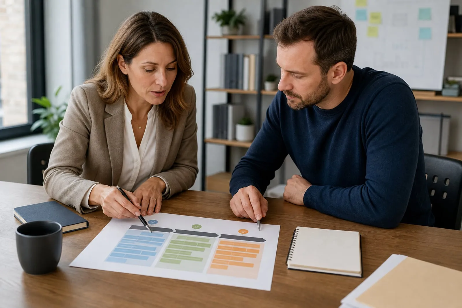 Dirigeante organisant un plan progressif en trois phases avec un collaborateur
