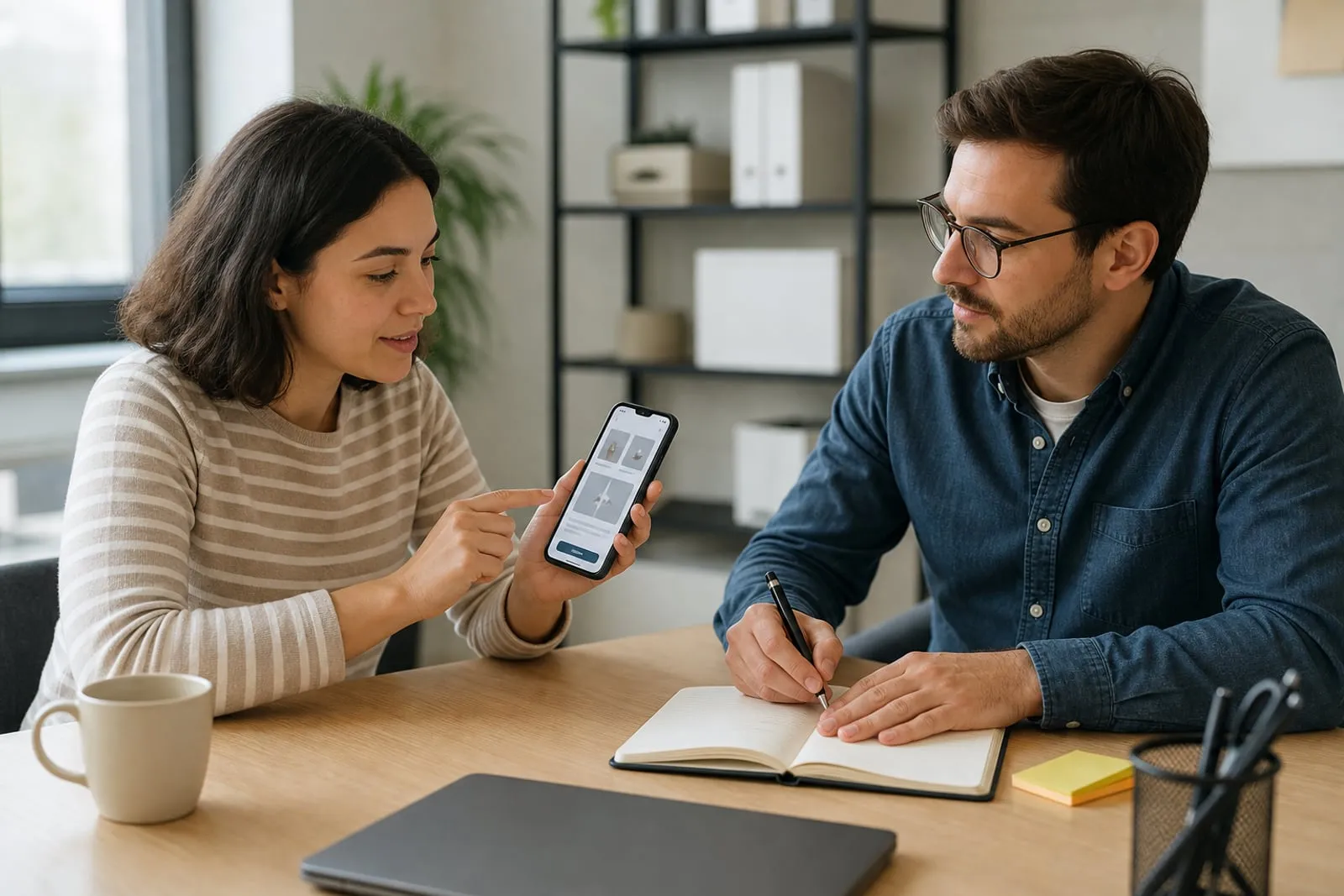 Utilisatrice testant un parcours de commande mobile simple pendant qu’un professionnel prend des notes