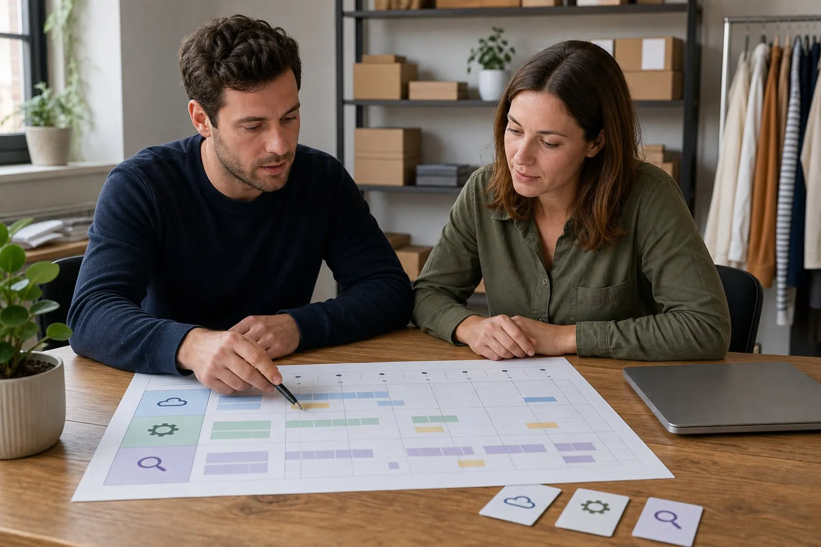 Technicien et responsable organisant sauvegardes, mises à jour et contrôles sur un planning papier