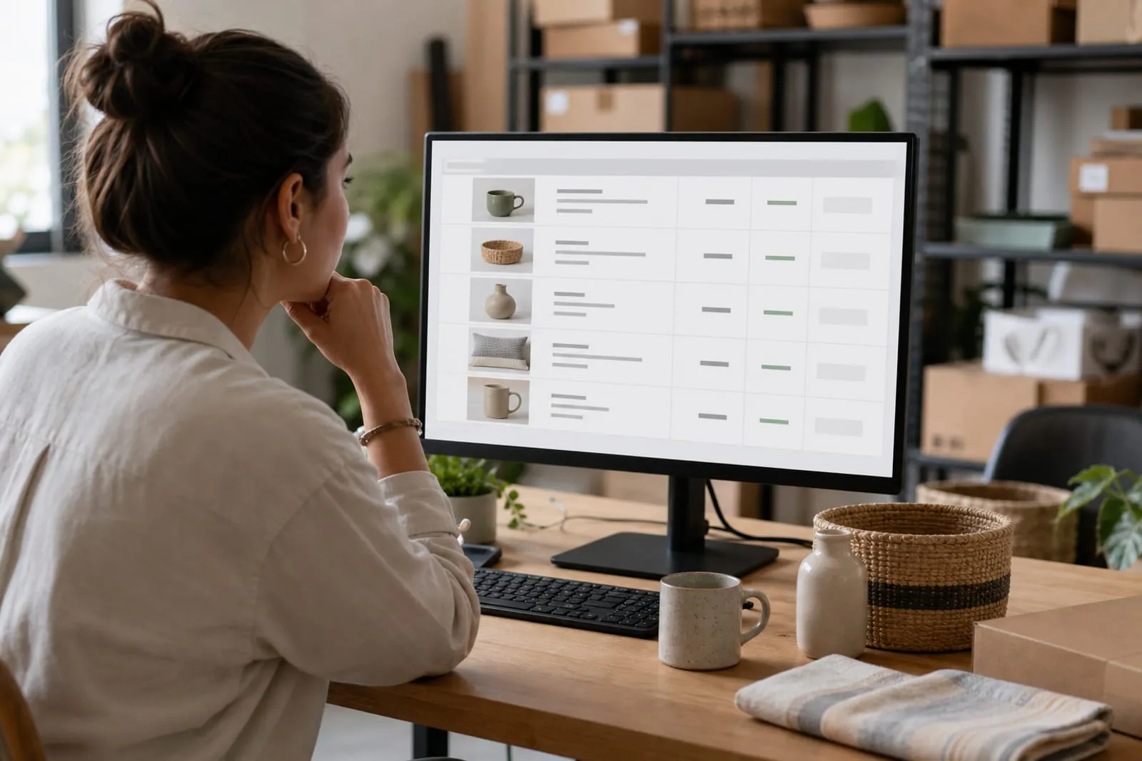 Responsable e-commerce contrôlant les photos, caractéristiques et stocks de son catalogue