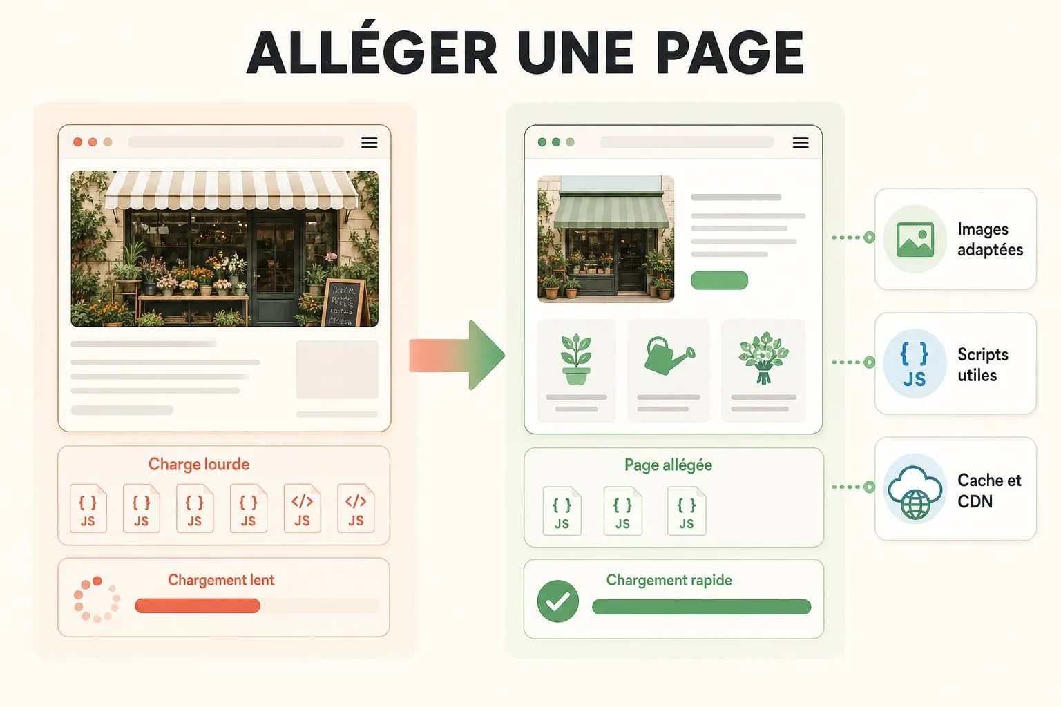 Comparaison entre une page lourde et une page allégée grâce aux images adaptées, aux scripts utiles, au cache et au CDN