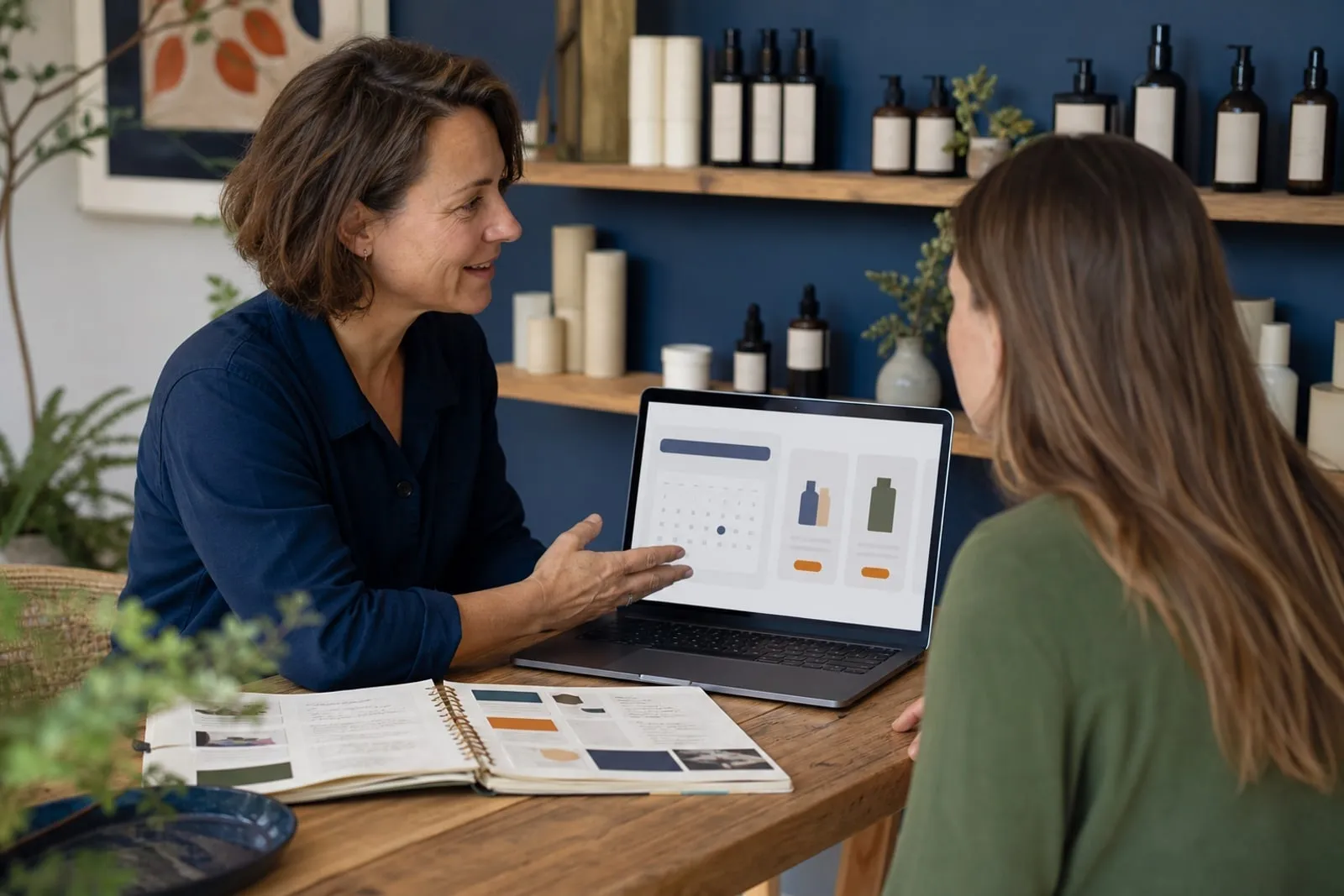 Dirigeante présentant à une cliente un site combinant prise de rendez-vous et sélection limitée de produits