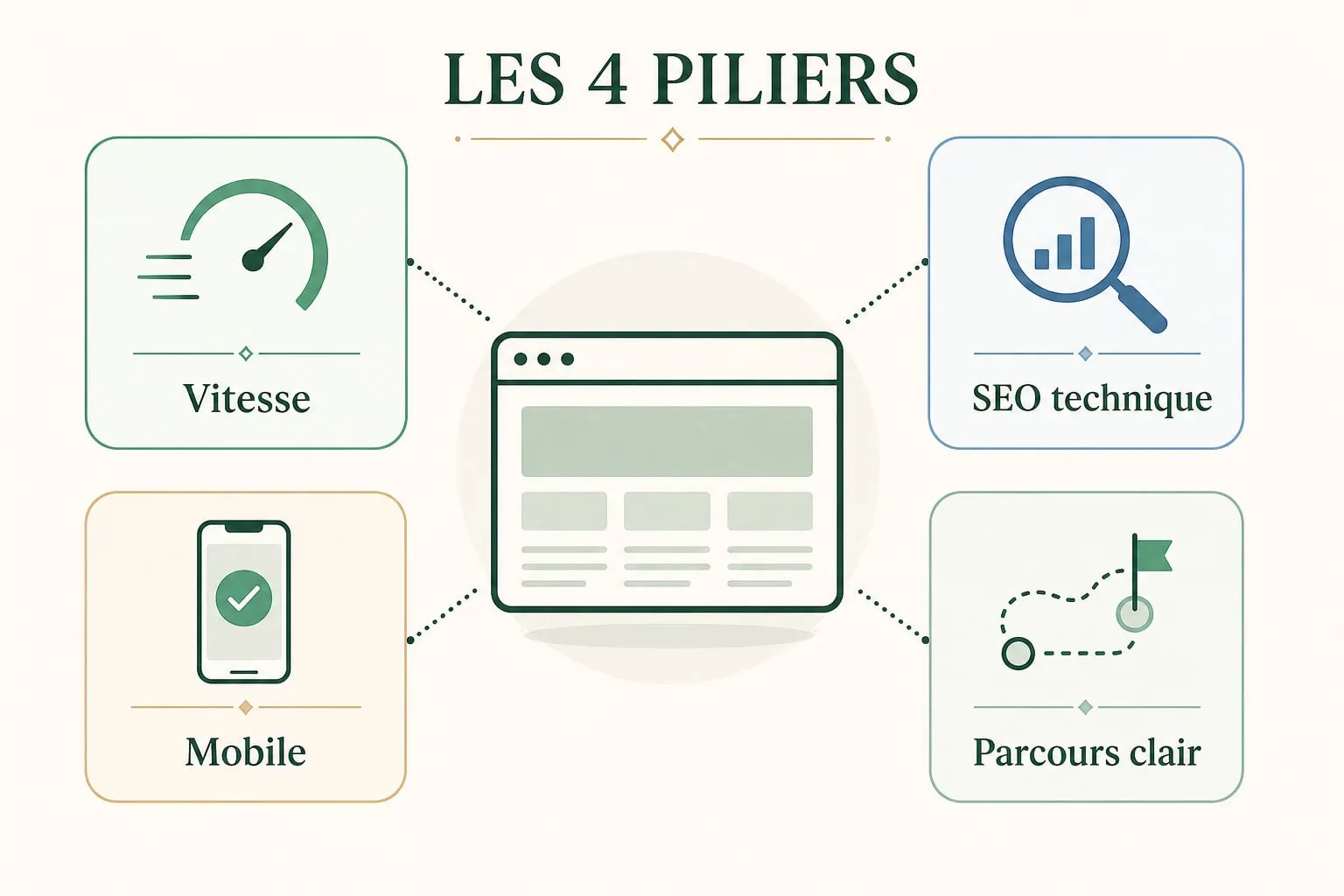Les quatre piliers d'un site vitrine performant : vitesse, SEO technique, mobile et parcours clair