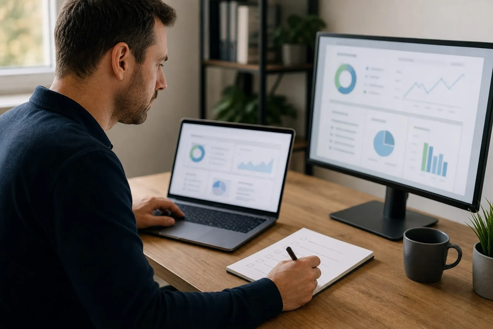 Professionnel réalisant le diagnostic technique d'un site web depuis deux écrans et une liste de contrôle