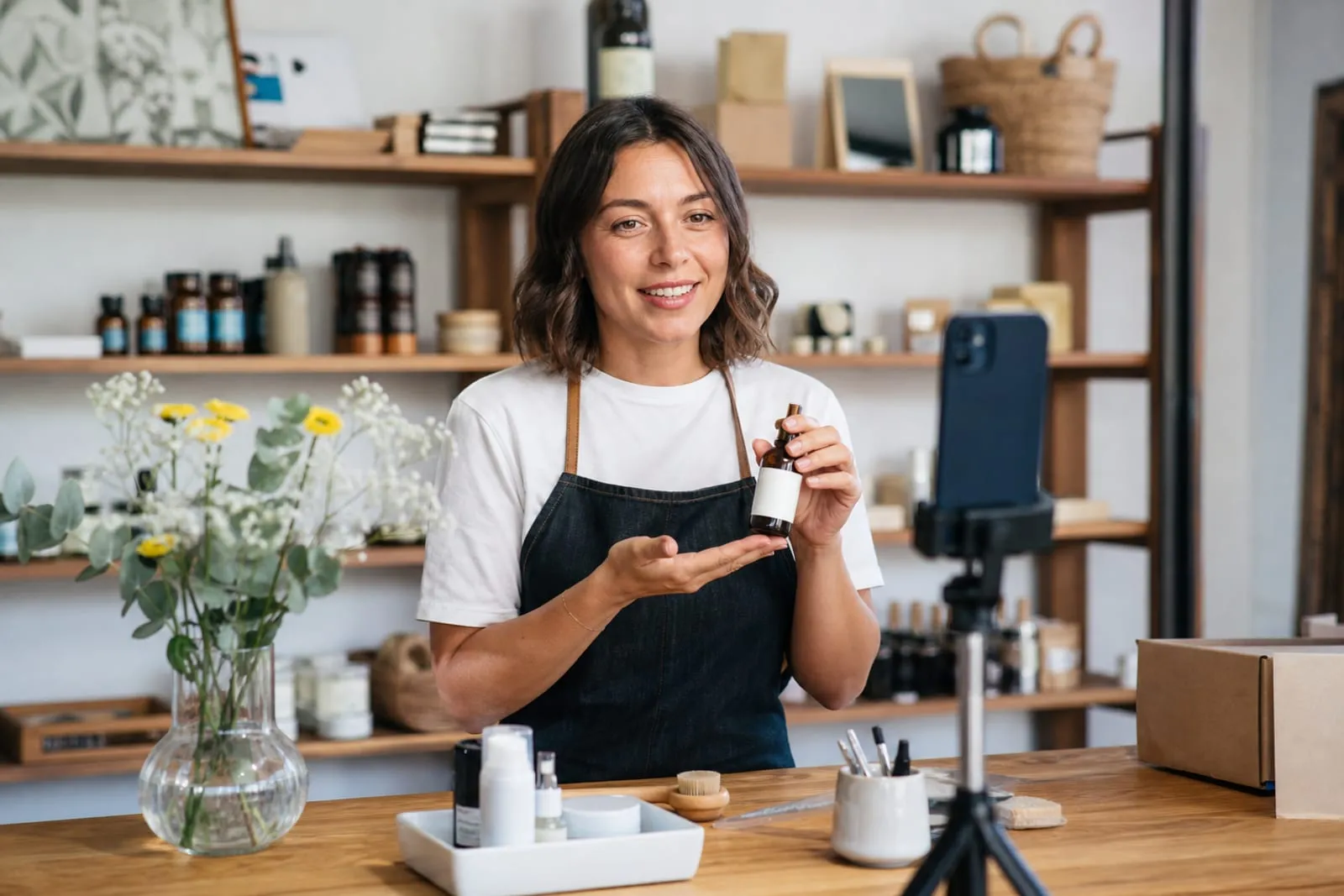 Commerçante présentant un produit devant un smartphone pour une vente en direct