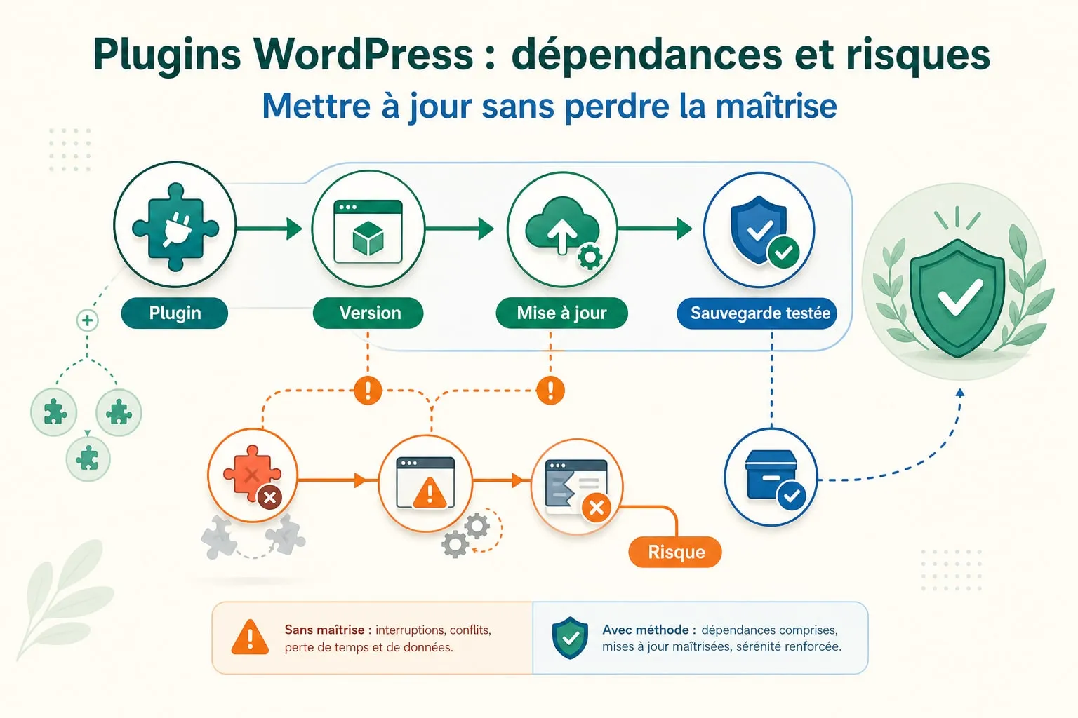 Administrateur examinant les dépendances et les mises à jour des extensions d'un site WordPress